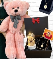 Büyük Boy Pembe Peluş Ayıcık ve Kolyeli Fotoğraflı Hediye Kutusu - Premium Set (Model 6)
