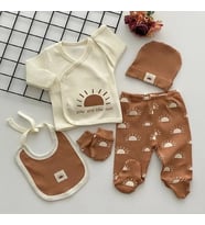 Furya Kids Organik Kumaş Fitilli 5 Parça Hastane Çıkışı Seti Hediyelik Yeni Doğan %100 Pamuk (Kiremit)