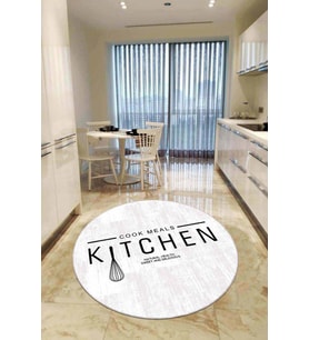 Beyaz Kaymaz Kitchen Yazılı Yuvarlak Mutfak Halısı AR802