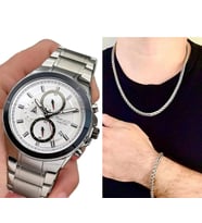 Ferrucci Multi Fonksiyonlu Takvimli Erkek Kol Saati+%100 Çelik Takı Set (Gümüş)