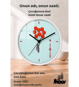 İsme Özel Kırmızı Balonlu Figür Çocuk Odası Duvar Saati Orta Boy 30 cm Beyaz Camlı Sessiz