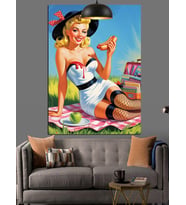 Piknikteki Pin Up Kadın Dekoratif Kanvas - Mdf Ahşap Tablo