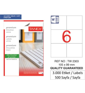 Tanex Lazer Etiket tw-2303 500 A4 Sayfa Laser Etiket 105 x 99 mm Boyutunda 1 A4 Sayfada 6 Etiket