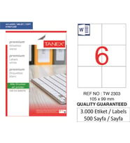 Tanex Lazer Etiket tw-2303 500 A4 Sayfa Laser Etiket 105 x 99 mm Boyutunda 1 A4 Sayfada 6 Etiket
