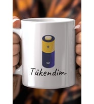 Tükendim Yazılı Esprili 330ml Baskılı Beyaz Seramik Kupa Bardak