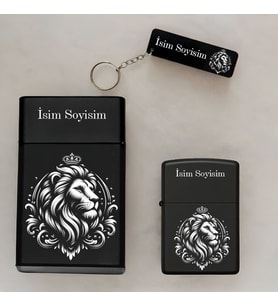 Aslan Figürlü Kişiye Özel İsimli Çakmak,Metal Tabaka ve Anahtarlık Seti - 3'lü Hediye Set