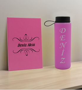 BK Gift Kişiye Özel İsimli Pembe Defter ve Cam Matara Hediye Seti-7, Sevgiliye Hediye, Arkadaşa Hediye, Yeni İş Hediyesi
