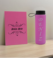 BK Gift Kişiye Özel İsimli Pembe Defter ve Cam Matara Hediye Seti-7, Sevgiliye Hediye, Arkadaşa Hediye, Yeni İş Hediyesi