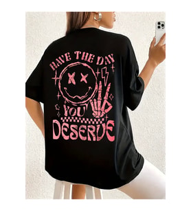 Baskılı Oversize Bisiklet Yaka T-shirt - Siyah