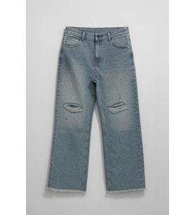Kadın Yüksek Bel Wide Leg Dizi Yırtık Buz Mavi Jean Pantolon (Buz Mavisi)