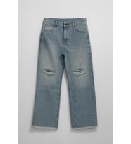Kadın Yüksek Bel Wide Leg Dizi Yırtık Buz Mavi Jean Pantolon (Buz Mavisi)