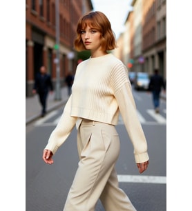 Kadınlar İçin Oversize Crop Bisiklet Yaka Fitilli Uzun Kollu Basic Akrilik Triko Kazak İlkbahar