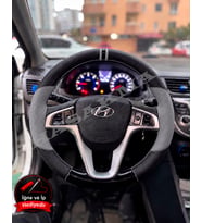 Hyundai i20 Dikme Direksiyon Kılıfı Delikli Deri Parlak Siyah Gri Detay Çift Yüzük ve Dikiş 2012-2014