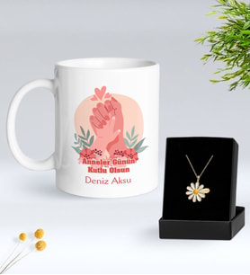 BK Gift Kişiye Özel Anneler Günü Tasarımlı Beyaz Kupa ve Papatya Kolye Hediye Seti - 4, Anneler Günü Hediyeleri, Anneye Hediye