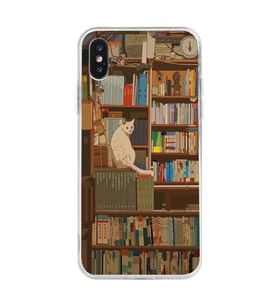 Iphone X ve XS Uyumlu Kedi ve Kütüphane Tasarımlı Şeffaf Telefon Kılıfı