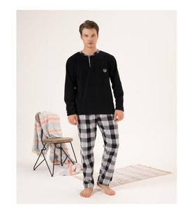Estiva Ekose Kareli Erkek Polar Pijama Takım (Siyah)