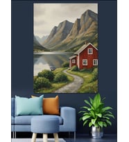 Dağlar Arasında Kırmızı Kulübe Dekoratif Kanvas - Mdf Ahşap Tablo