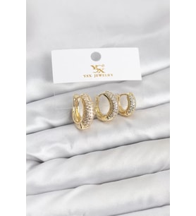 Pirinç Gold Renk Zirkon Taşlı Halka Model YSX Trio Küpe Seti - TJ-BKP11558