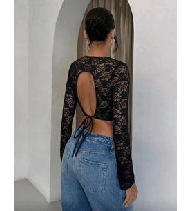 Giyim Uzun Kollu Dantel Crop Kadın Arkası Dekolteli Bağcıklı Esnek Şık Üst