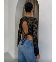 Giyim Uzun Kollu Dantel Crop Kadın Arkası Dekolteli Bağcıklı Esnek Şık Üst