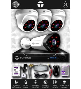 TURKNO 4 Kameralı Galia 3 İç Kamera Set 1 TB HDD Full HD Gece Görüşlü Güvenlik Kamerası Sistemi