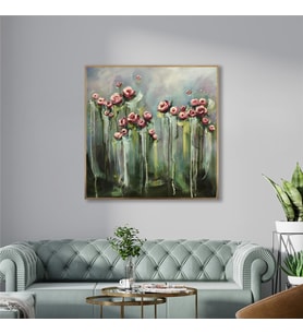 Yağlı Boya Dokulu Tablo Soyut Çiçekler Altın Çerçeveli U02034