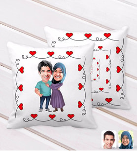 BK Gift Kişiye Özel Sevgililer Karikatürlü Kurdela Kalp Desenli Dekoratif Kırlent Yastık-61 (Beyaz)