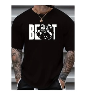 Baskılı Oversize Bisiklet Yaka T-shirt - Siyah