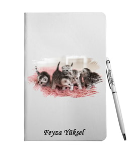 Kişiye Özel Kedi Tasarımlı Beyaz Defter Kalem Hediye Seti