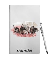 Kişiye Özel Kedi Tasarımlı Beyaz Defter Kalem Hediye Seti