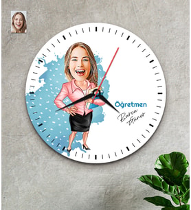 Kişiye Özel Karikatürlü Kadın Öğretmen Ahşap Duvar Saati 32 CM (Çok Renkli)