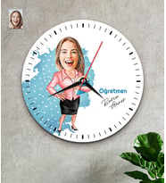 Kişiye Özel Karikatürlü Kadın Öğretmen Ahşap Duvar Saati 32 CM (Çok Renkli)