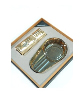Parmida 3 Torch Ahşap Gold Çakmak Gold Kristal Tekli Küllük İkili Puro Seti TR9853