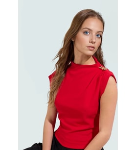 Fitted Dik Yaka Scuba Krep Örme Bluz Günlük Stil Özenle Seçilmiş Uzun Ömürlü Konforlu Kesim (Kırmızı)