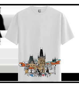 Prague Tower - %100 Pamuklu Kadın Beyaz Tişört - Premium Quality (Siyah - Beyaz)