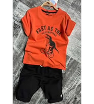 Erkek Çocuk Dinazor ve Bisiklet Baskılı Turuncu T-shirt Penye Şortlu Takım