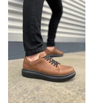 Tsoob Bağcıklı Cilt Erkek Günlük Rahat Taban Sneaker Ayakkabı - Taba siyah
