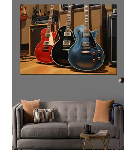 Renkli Vintage Gitarlar Dekoratif Kanvas - Mdf Ahşap Tablo