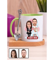 Çiftlere Özel Komik Hediye Gelin Damat Karikatürlü Ahşap Altlıklı Yeşil Kupa Bardak