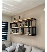 Metal ve Ahşap Duvar Rafı, Çok Yönlü Depolama Rafı, Kitaplık, Ev, Mutfak, Bar, Kafe için Metal Raflı ve Ahşap Bölmeli Asma Teşhir Ünitesi
