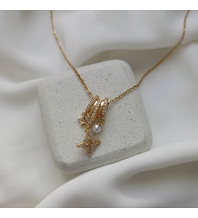Lente Aksesuar Çelik Zincir Gold Yıldız ve İncili Charm Kolye-Kadın Kolye