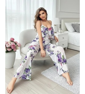 Bicomi Özel Tasarım Büyük Beden Çiçek Desenli Fırfırlı 2li Pijama Takımı
