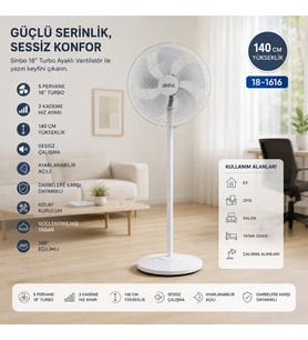 BEYAZ 5 PERVANE - 18 INC EV - OFİS KOMPAKT - SESSİZ - ÜÇ KADEME 140CM YÜKSEKLİK AYAKLI VANTİLATÖR SF-6798 (5343)