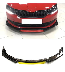 Skoda Fabia Sarı Renkli Şeritli Dilli Ön Lip 4 Prç Parlak Siyah ABS