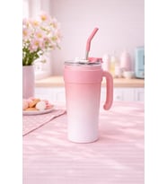 Paslanmaz Çelik Termos Bardak Pipetli Kapaklı Taşınabilir Soğuk Sıcak İçecek Mug (Pudra Pembe)