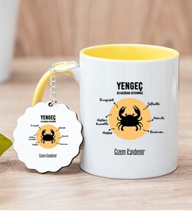 Kişiye Özel Yengeç Burcuna Hediye Sarı Kupa Bardak ve Anahtarlık