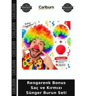 Rengarenk Bonus Saç ve Kırmızı Sünger Burun Seti Komik Aksesuar Etkinlik Gereci Dans Aksesuarı