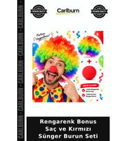Rengarenk Bonus Saç ve Kırmızı Sünger Burun Seti Komik Aksesuar Etkinlik Gereci Dans Aksesuarı