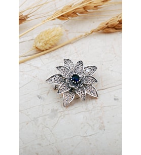 Safir Taşlı Lotus Telkari Elişi Gümüş Broş 358