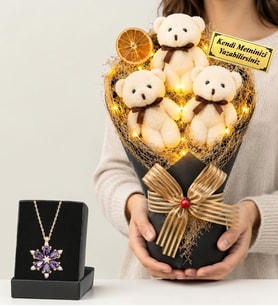Kişiye Özel Led Işıklı Büyük Boy Krem Peluş Ayıcık Buketi ve Gerçek Ametist Taşlı Lotus Kolye